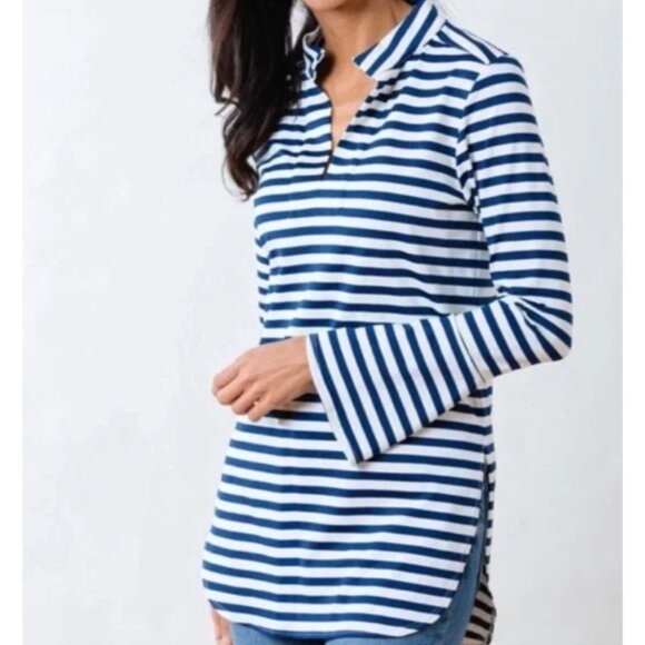 Dudley Stephens India Bell Sleeve Tunic Striped Nautical Preppy Top L - Picture 1 of 7